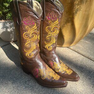 Ferrini Embroidered Sequined Brown Women's Boots, Size 9.5B